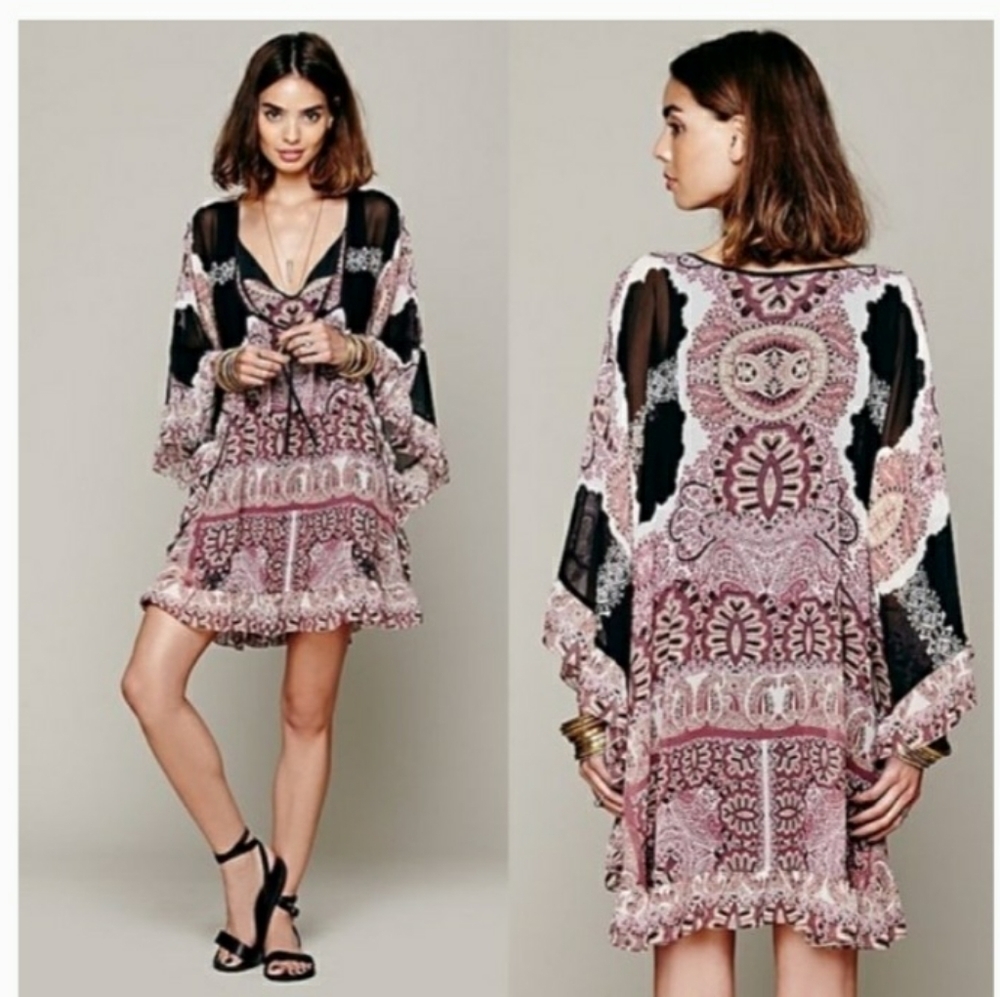 FREE People Marla Dreams Dress Black Combo Purple Floral Boho Hippie Slouchy - Picture 2 of 11